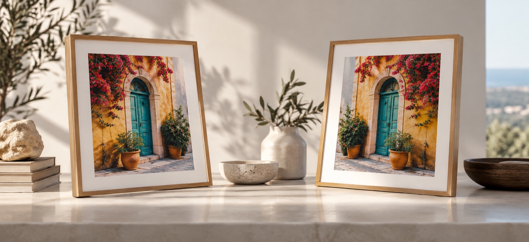 Two mirrored photographs of a colourful doorway arranged in quiet symmetry.